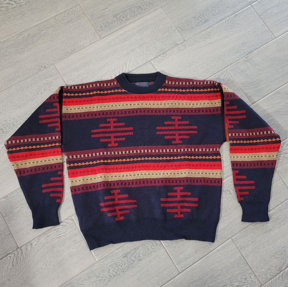 Vtg Pendleton 100% Virgin Wool Navy Blue Red High Grade Western Wear Sweater XL